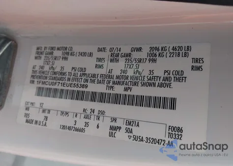 2014 Ford Escape S z USA, uszkodzony, nr VIN 1FMCU0F71EUE55389